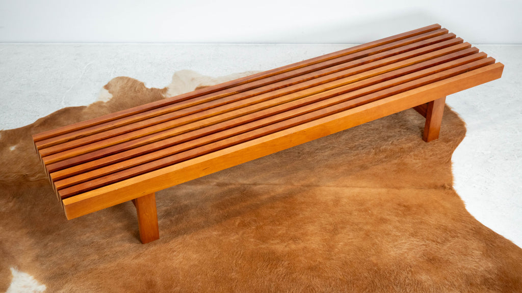 Mid Century Charles Webb Cherry Wood Slat Bench, c. 1990s