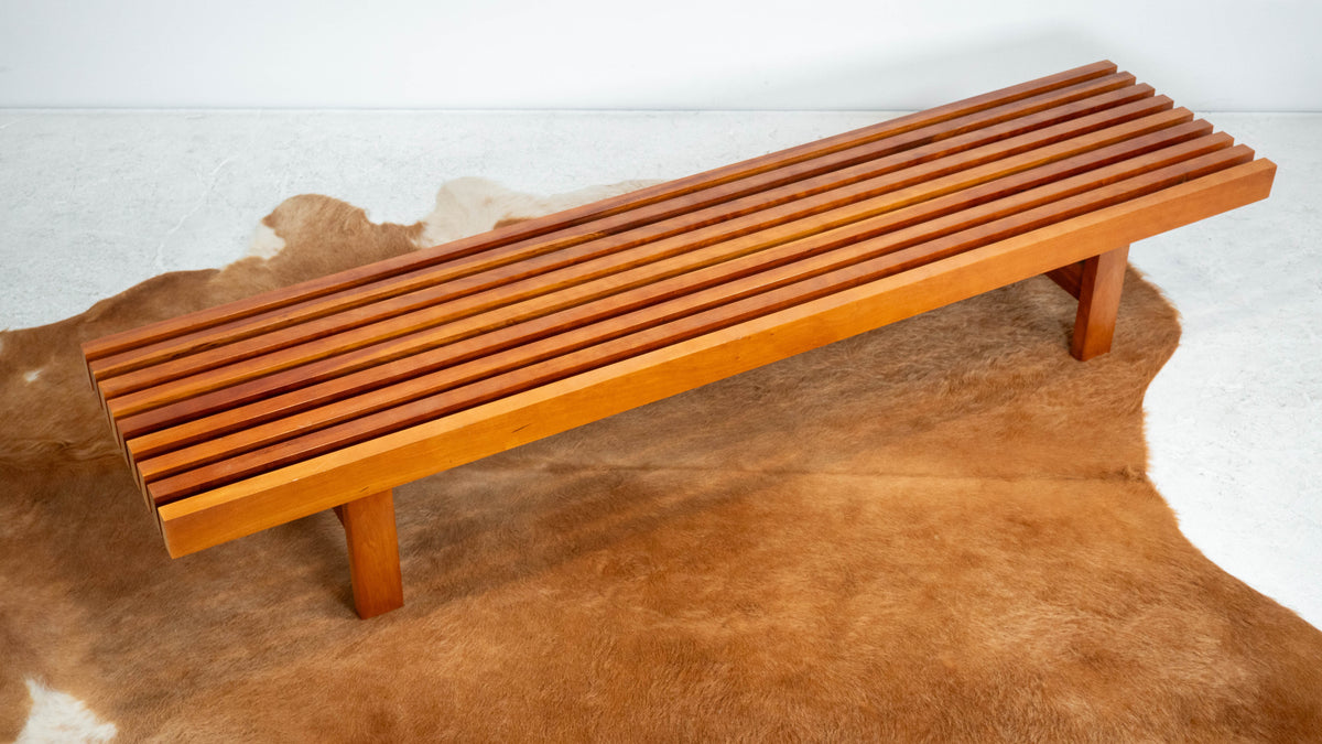 Mid Century Charles Webb Cherry Wood Slat Bench, c. 1990s