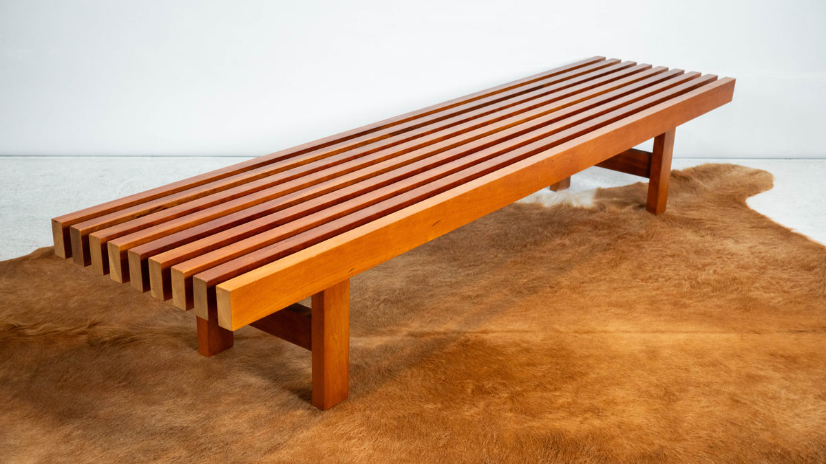 Mid Century Charles Webb Cherry Wood Slat Bench, c. 1990s