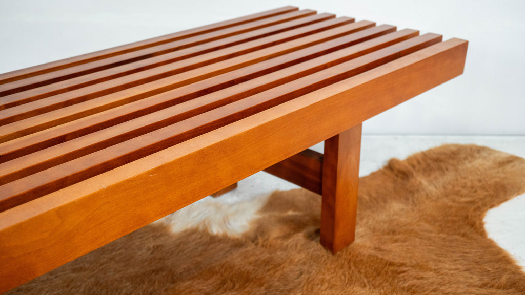 Mid Century Charles Webb Cherry Wood Slat Bench, c. 1990s