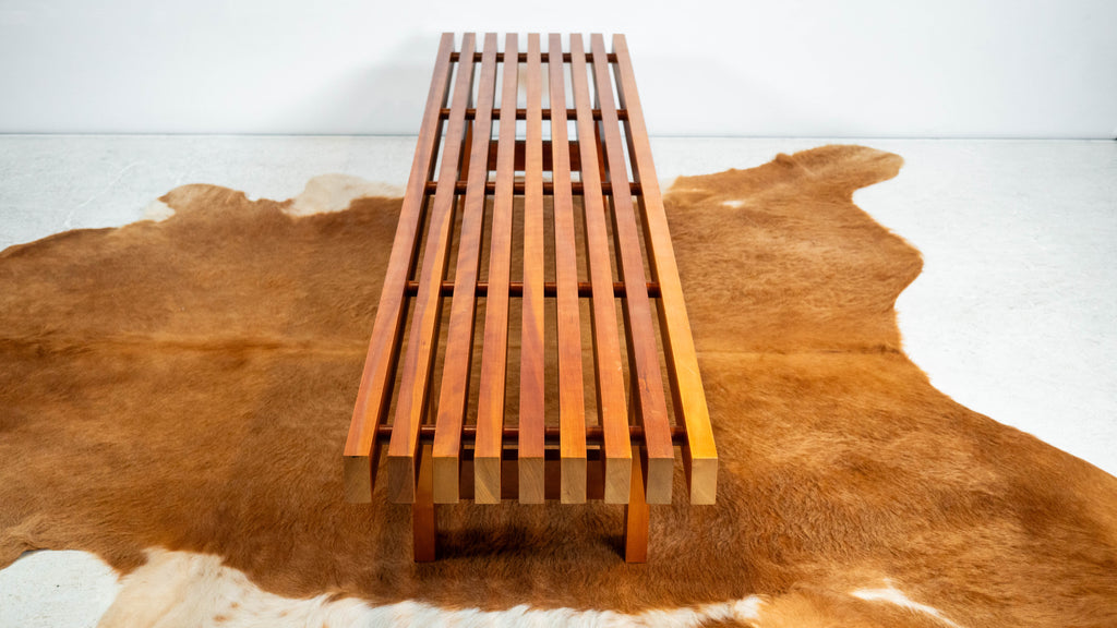 Mid Century Charles Webb Cherry Wood Slat Bench, c. 1990s