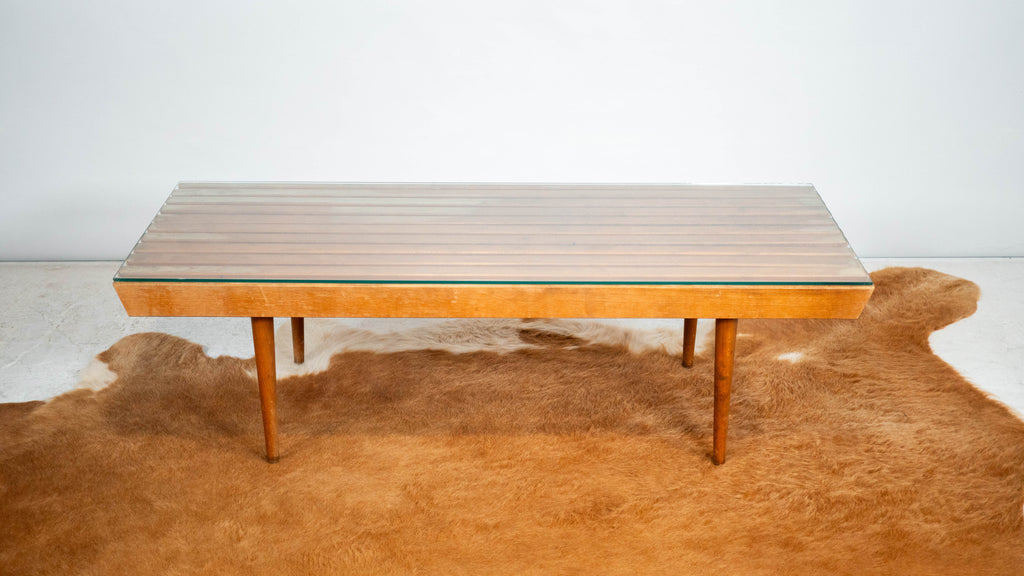 Mid-Century Modern Slat Wood & Glass Coffee Table