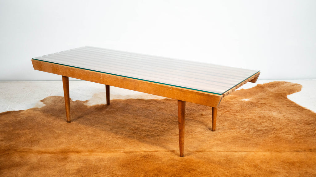 Mid-Century Modern Slat Wood & Glass Coffee Table