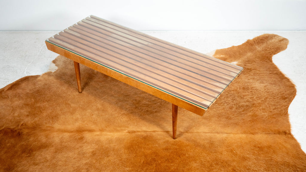 Mid-Century Modern Slat Wood & Glass Coffee Table