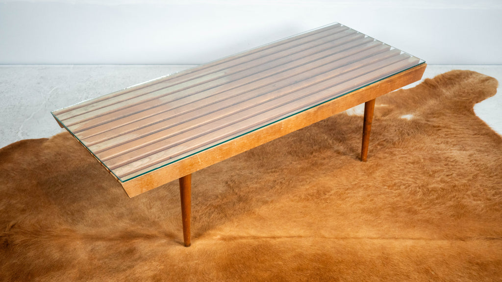 Mid-Century Modern Slat Wood & Glass Coffee Table