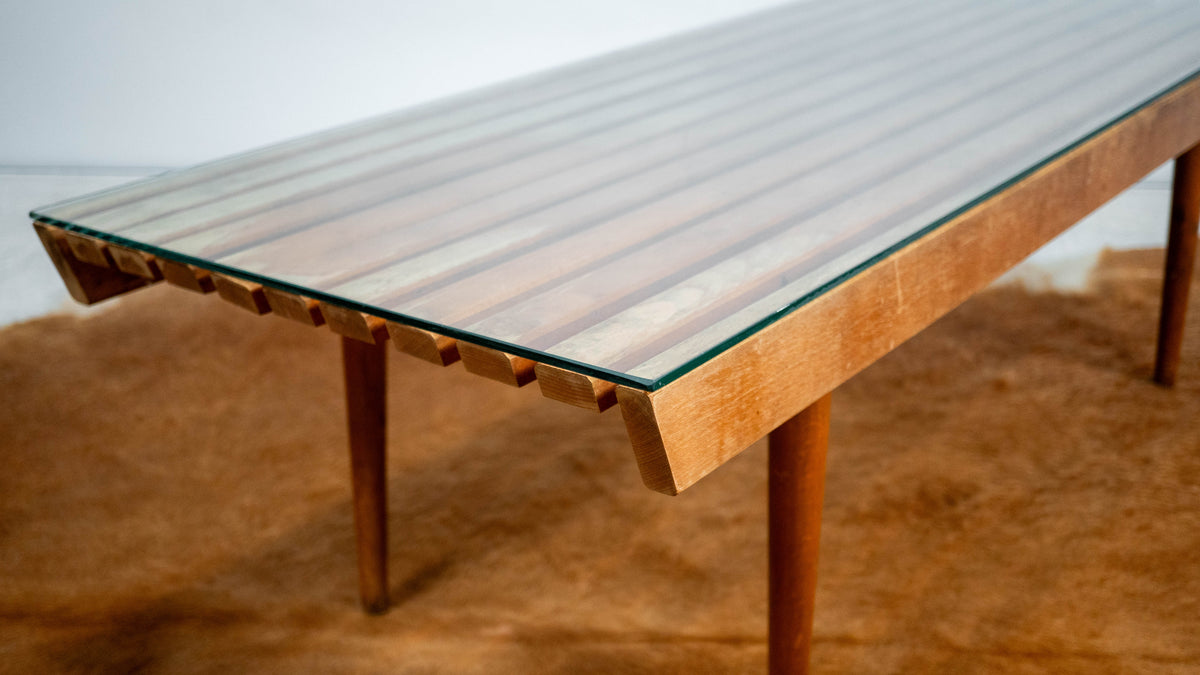 Mid-Century Modern Slat Wood & Glass Coffee Table