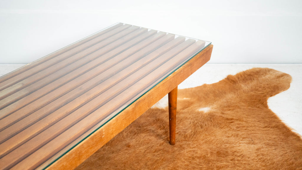 Mid-Century Modern Slat Wood & Glass Coffee Table