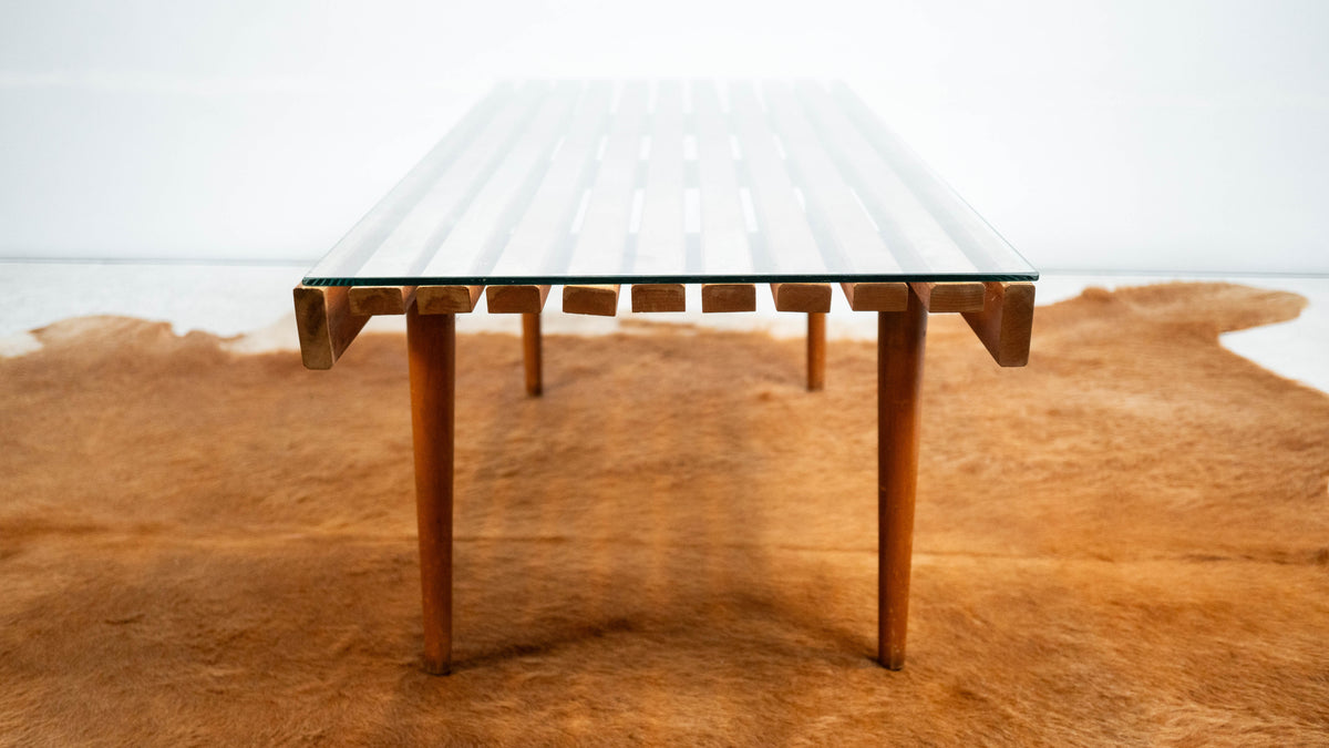 Mid-Century Modern Slat Wood & Glass Coffee Table