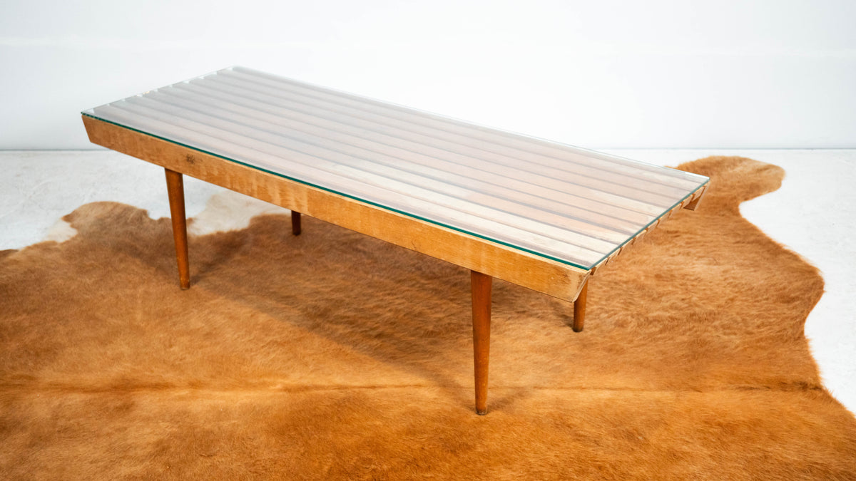 Mid-Century Modern Slat Wood & Glass Coffee Table