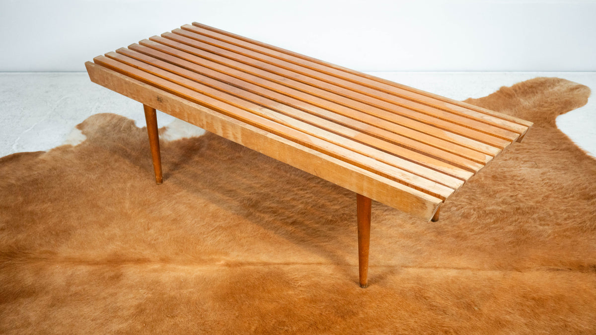 Mid-Century Modern Slat Wood & Glass Coffee Table