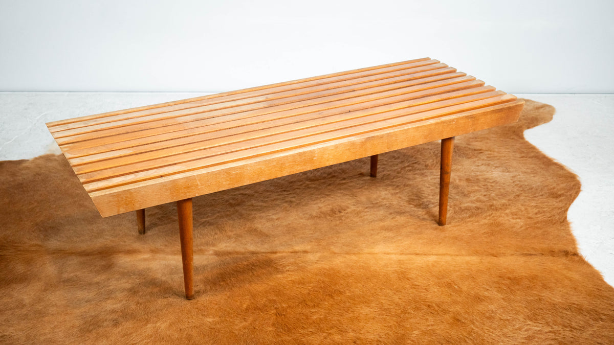 Mid-Century Modern Slat Wood & Glass Coffee Table