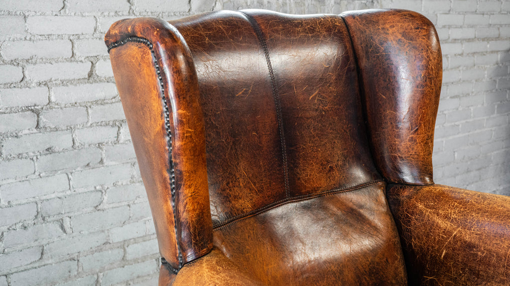 1970s Vintage Art Deco Distressed Cognac Leather Wingback Chair & Ottoman