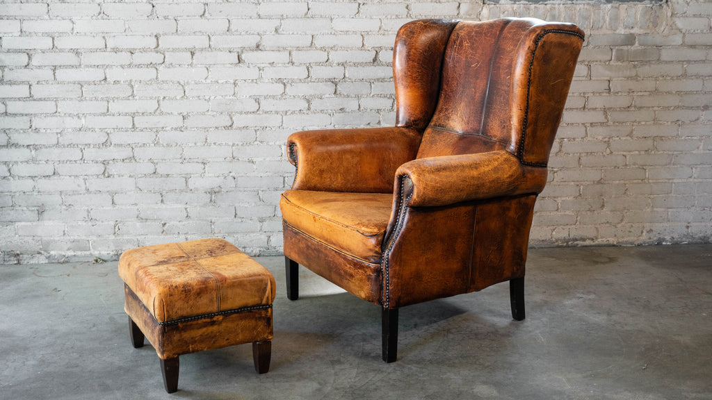 1970s Vintage Art Deco Distressed Cognac Leather Wingback Chair & Ottoman