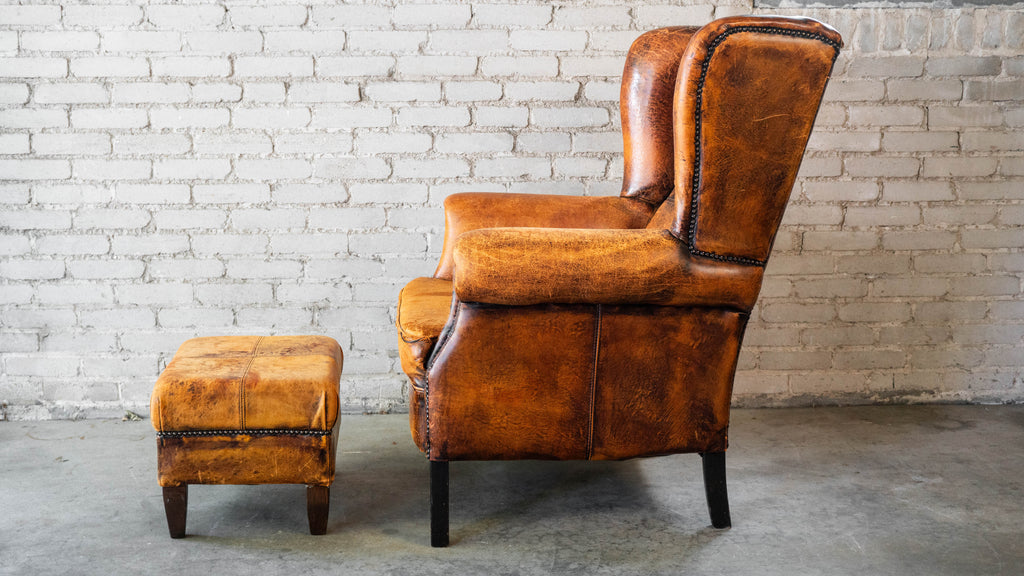 1970s Vintage Art Deco Distressed Cognac Leather Wingback Chair & Ottoman