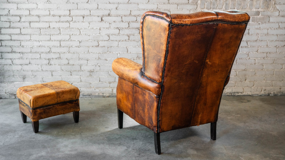 1970s Vintage Art Deco Distressed Cognac Leather Wingback Chair & Ottoman