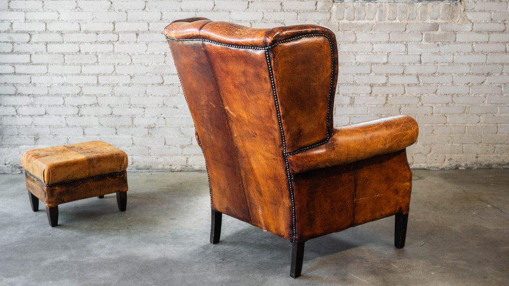 1970s Vintage Art Deco Distressed Cognac Leather Wingback Chair & Ottoman