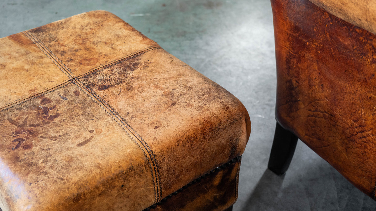 1970s Vintage Art Deco Distressed Cognac Leather Wingback Chair & Ottoman