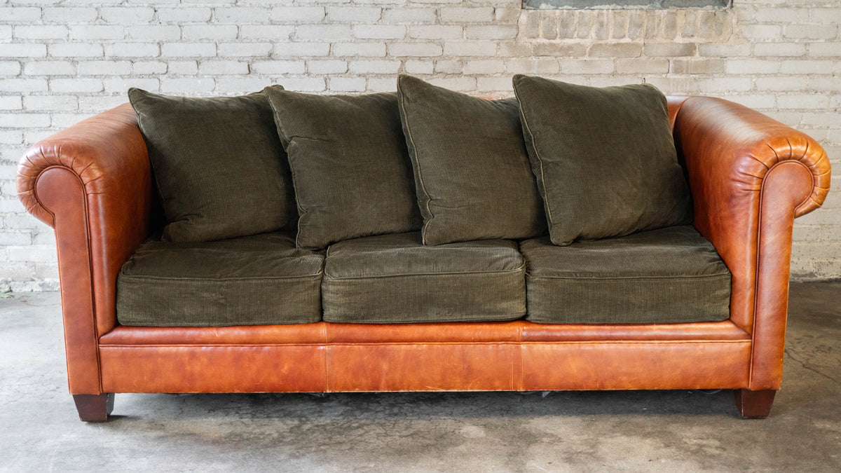 Ralph Lauren Chesterfield Cognac Leather and Corduroy Sofa