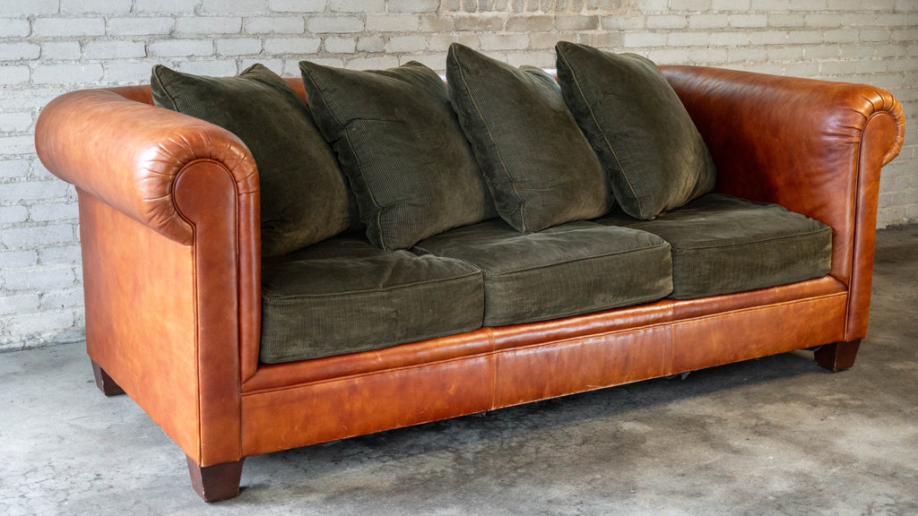 Ralph Lauren Chesterfield Cognac Leather and Corduroy Sofa