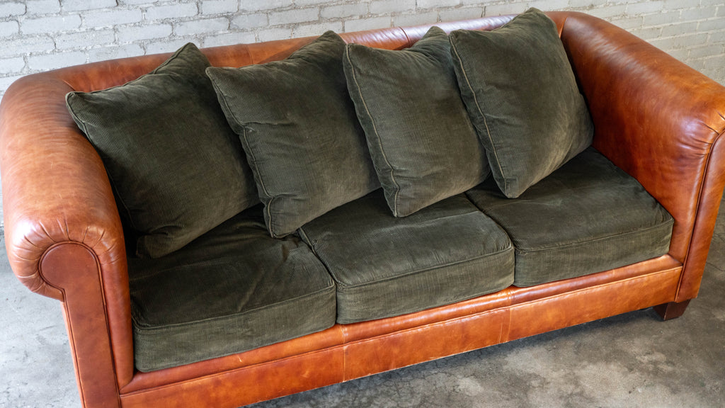 Ralph Lauren Chesterfield Cognac Leather and Corduroy Sofa