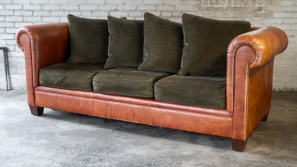 Ralph Lauren Chesterfield Cognac Leather and Corduroy Sofa
