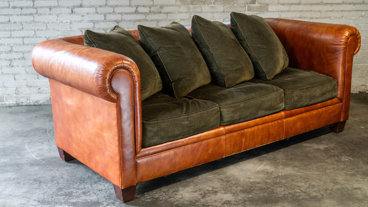 Ralph Lauren Chesterfield Cognac Leather and Corduroy Sofa