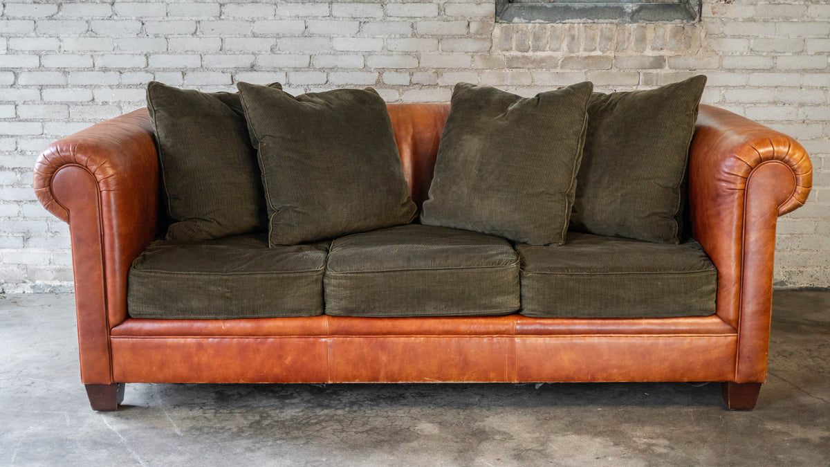 Ralph Lauren Chesterfield Cognac Leather and Corduroy Sofa