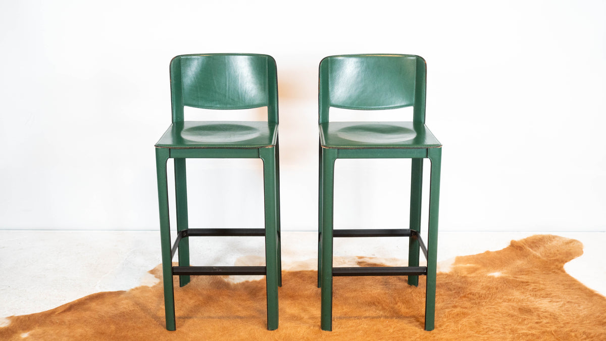 1980s Mid-Century Matteo Grassi Green Saddle Leather Sistina Counter Stools - A Pair