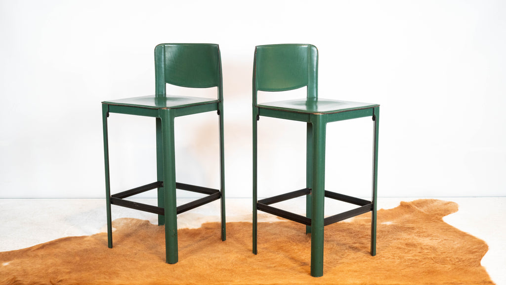 1980s Mid-Century Matteo Grassi Green Saddle Leather Sistina Counter Stools - A Pair