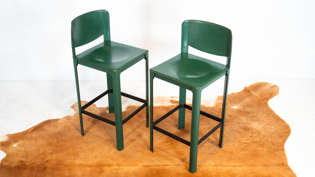 1980s Mid-Century Matteo Grassi Green Saddle Leather Sistina Counter Stools - A Pair