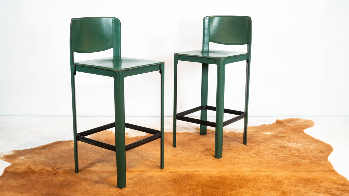 1980s Mid-Century Matteo Grassi Green Saddle Leather Sistina Counter Stools - A Pair