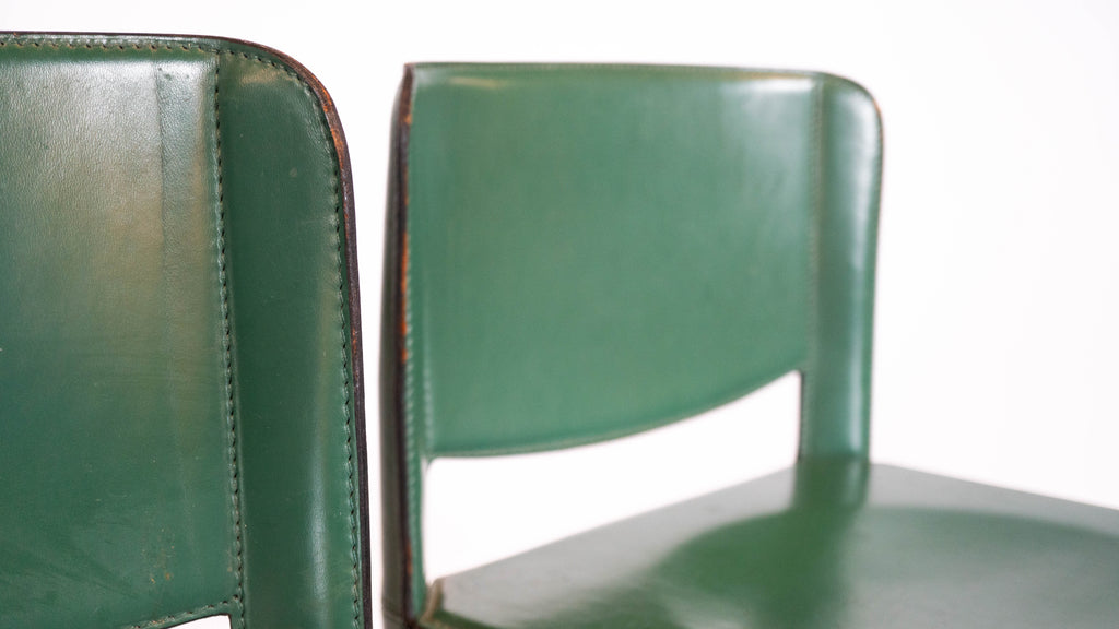 1980s Mid-Century Matteo Grassi Green Saddle Leather Sistina Counter Stools - A Pair