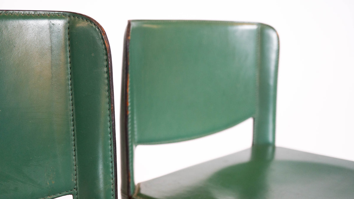 1980s Mid-Century Matteo Grassi Green Saddle Leather Sistina Counter Stools - A Pair