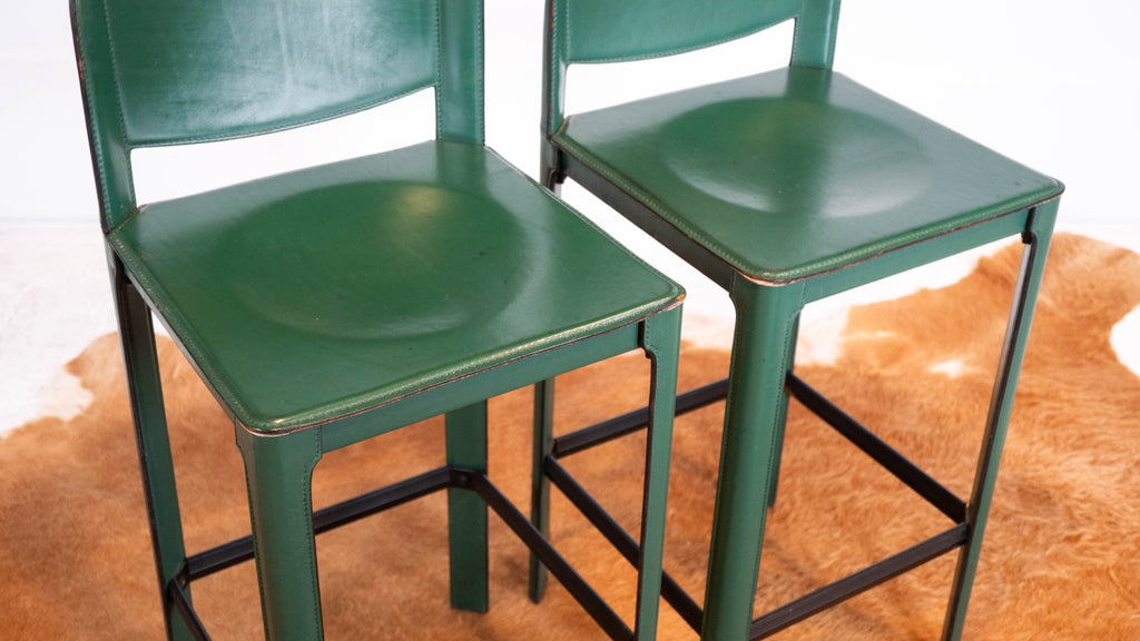 1980s Mid-Century Matteo Grassi Green Saddle Leather Sistina Counter Stools - A Pair