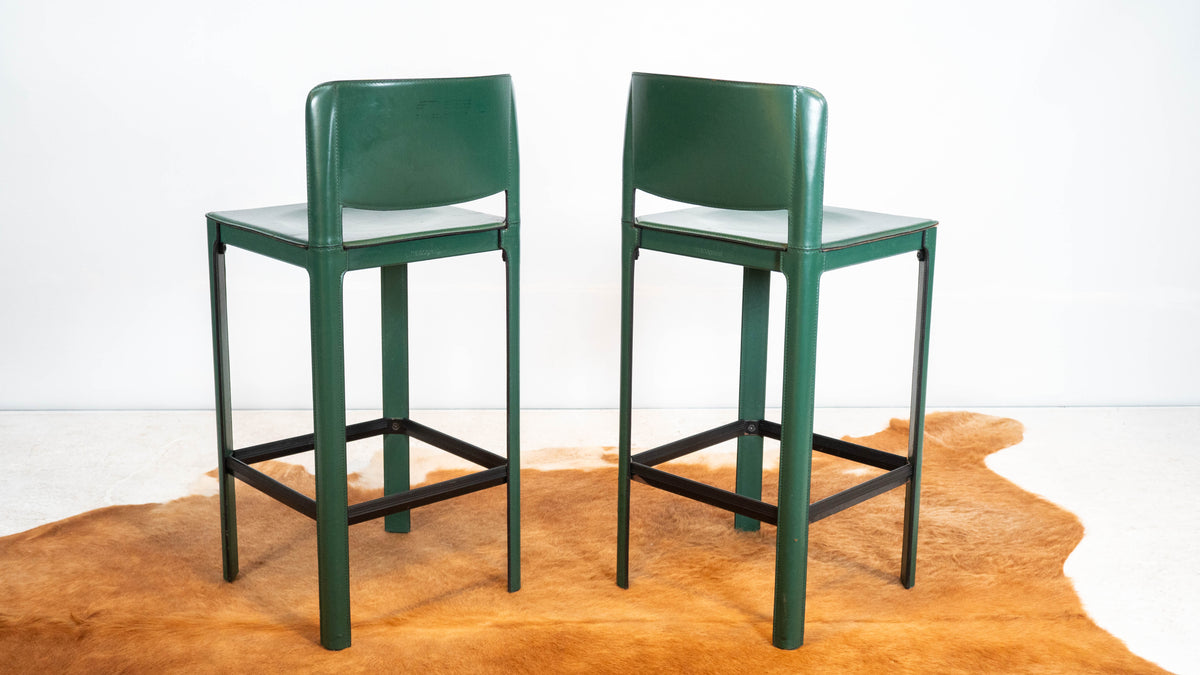 1980s Mid-Century Matteo Grassi Green Saddle Leather Sistina Counter Stools - A Pair