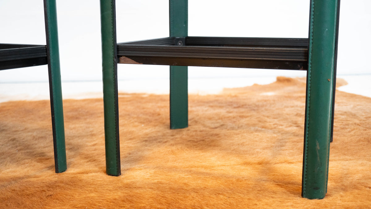 1980s Mid-Century Matteo Grassi Green Saddle Leather Sistina Counter Stools - A Pair