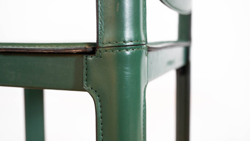 1980s Mid-Century Matteo Grassi Green Saddle Leather Sistina Counter Stools - A Pair