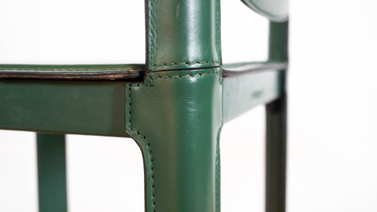 1980s Mid-Century Matteo Grassi Green Saddle Leather Sistina Counter Stools - A Pair