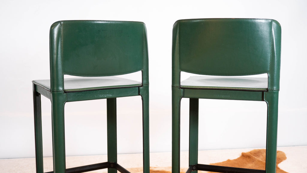 1980s Mid-Century Matteo Grassi Green Saddle Leather Sistina Counter Stools - A Pair