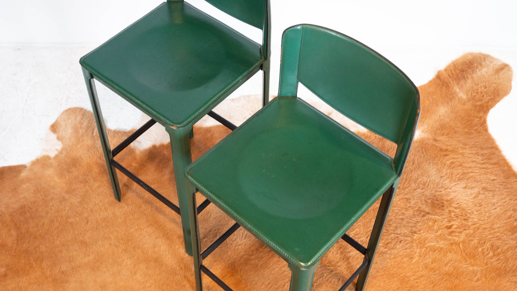 1980s Mid-Century Matteo Grassi Green Saddle Leather Sistina Counter Stools - A Pair