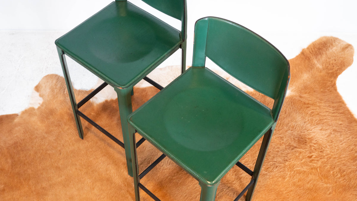 1980s Mid-Century Matteo Grassi Green Saddle Leather Sistina Counter Stools - A Pair