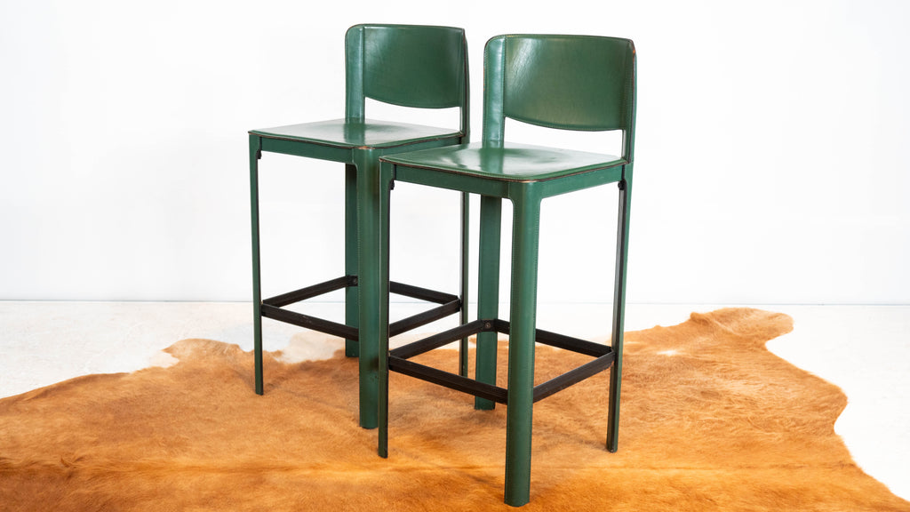 1980s Mid-Century Matteo Grassi Green Saddle Leather Sistina Counter Stools - A Pair