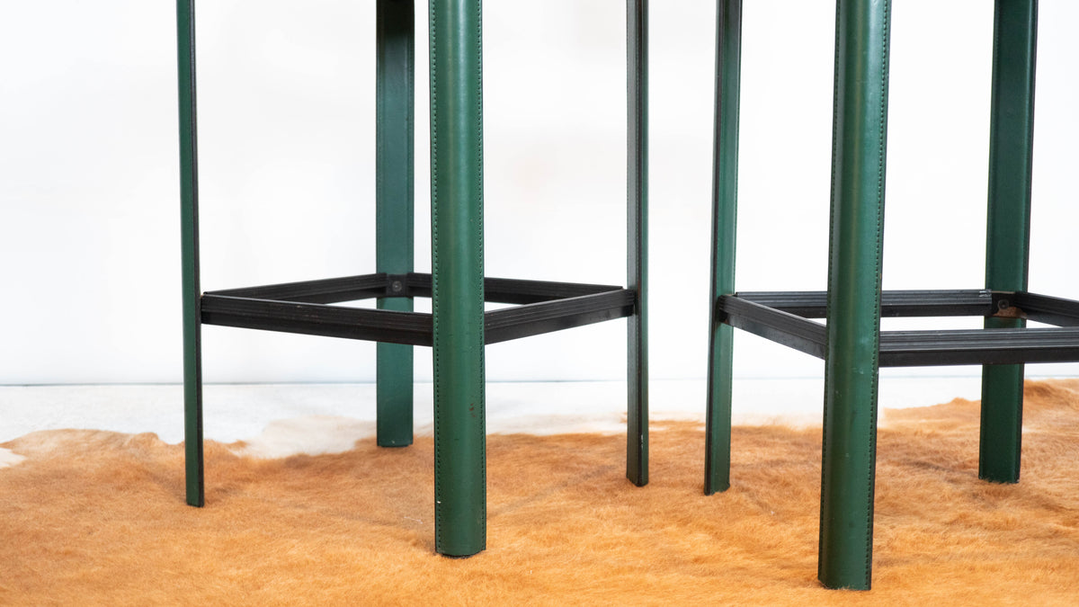 1980s Mid-Century Matteo Grassi Green Saddle Leather Sistina Counter Stools - A Pair