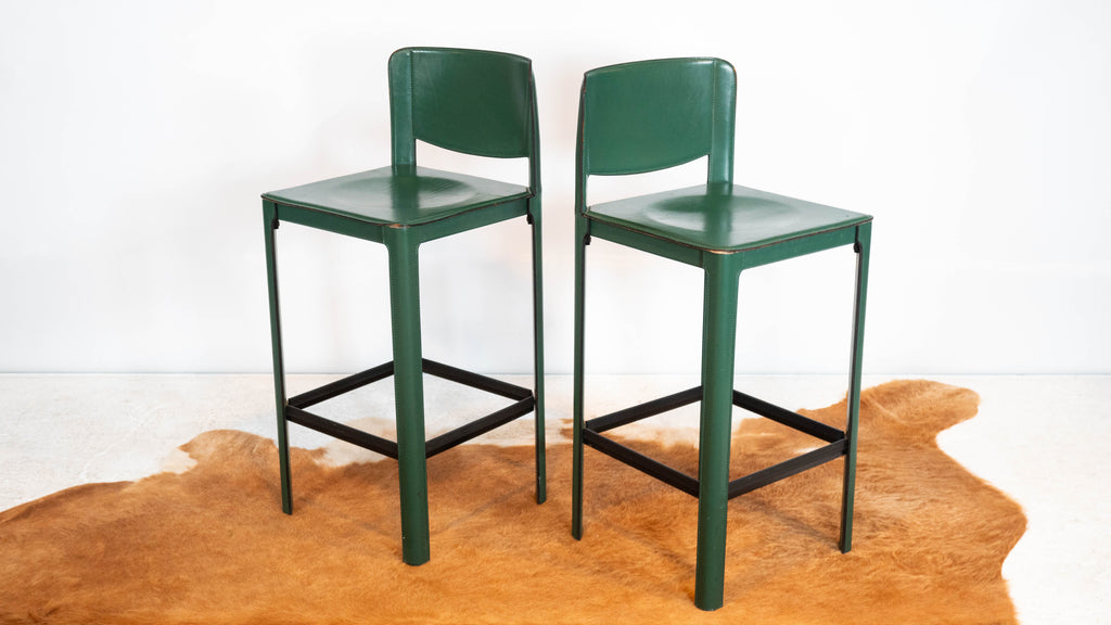 1980s Mid-Century Matteo Grassi Green Saddle Leather Sistina Counter Stools - A Pair