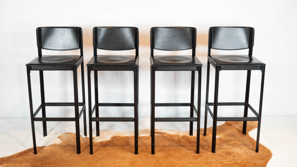 1980s Matteo Grassi Black Saddle Leather Sistina Bar Stools - Set of 4