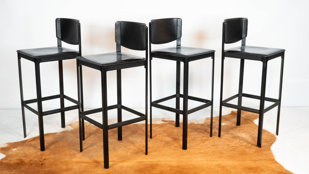1980s Matteo Grassi Black Saddle Leather Sistina Bar Stools - Set of 4
