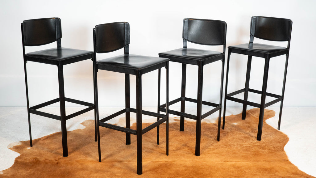 1980s Matteo Grassi Black Saddle Leather Sistina Bar Stools - Set of 4