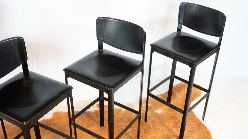 1980s Matteo Grassi Black Saddle Leather Sistina Bar Stools - Set of 4