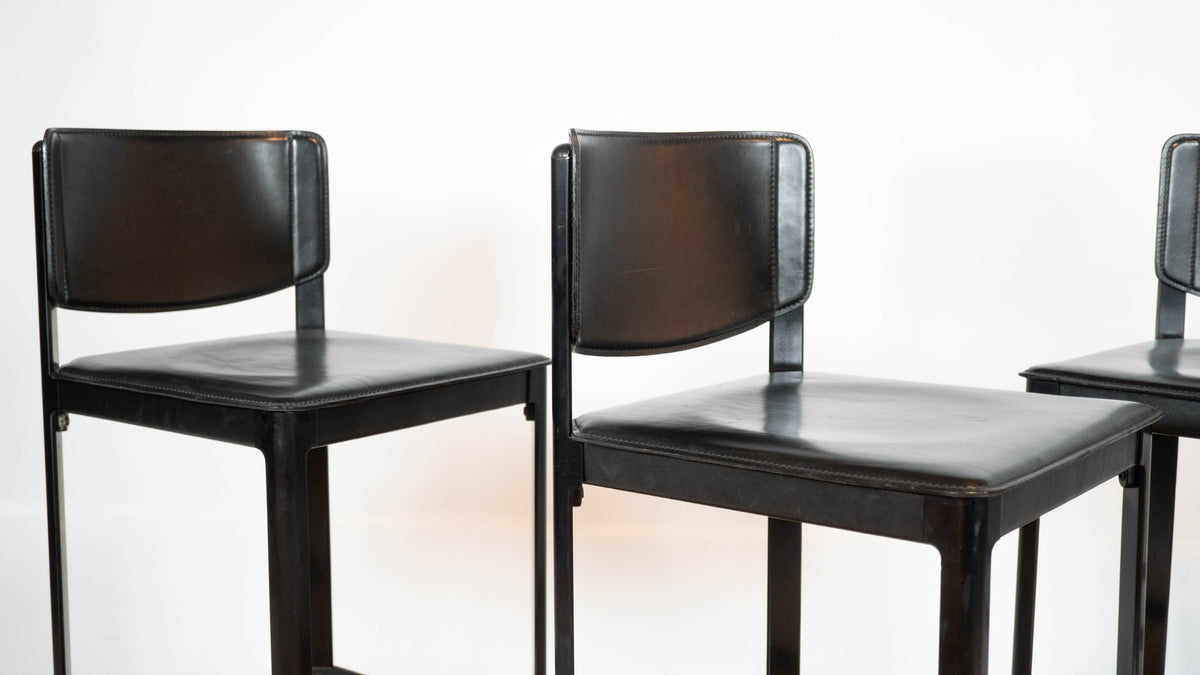 1980s Matteo Grassi Black Saddle Leather Sistina Bar Stools - Set of 4