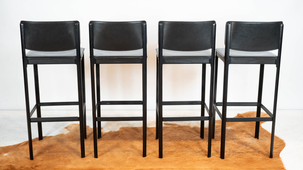 1980s Matteo Grassi Black Saddle Leather Sistina Bar Stools - Set of 4